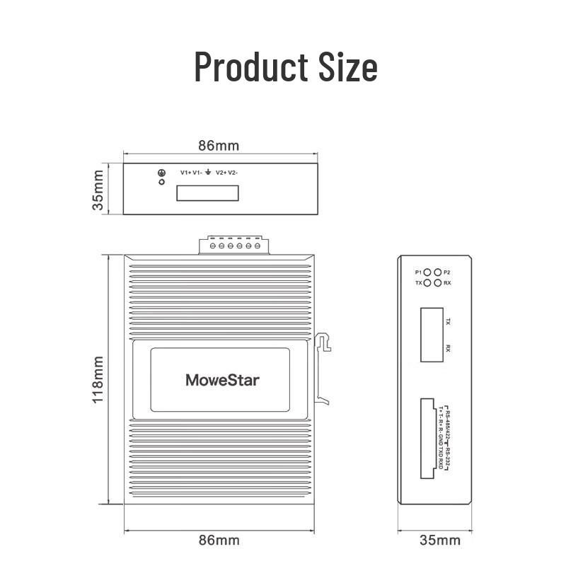 MoweStar Industrial RS232/422/485 Serial To Fiber Optic Converter