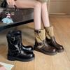 Leather Boots Short Boots Women's New Round Head Thick Heel Color Matching Locomotive Boots Belt Buckle Knight Boots