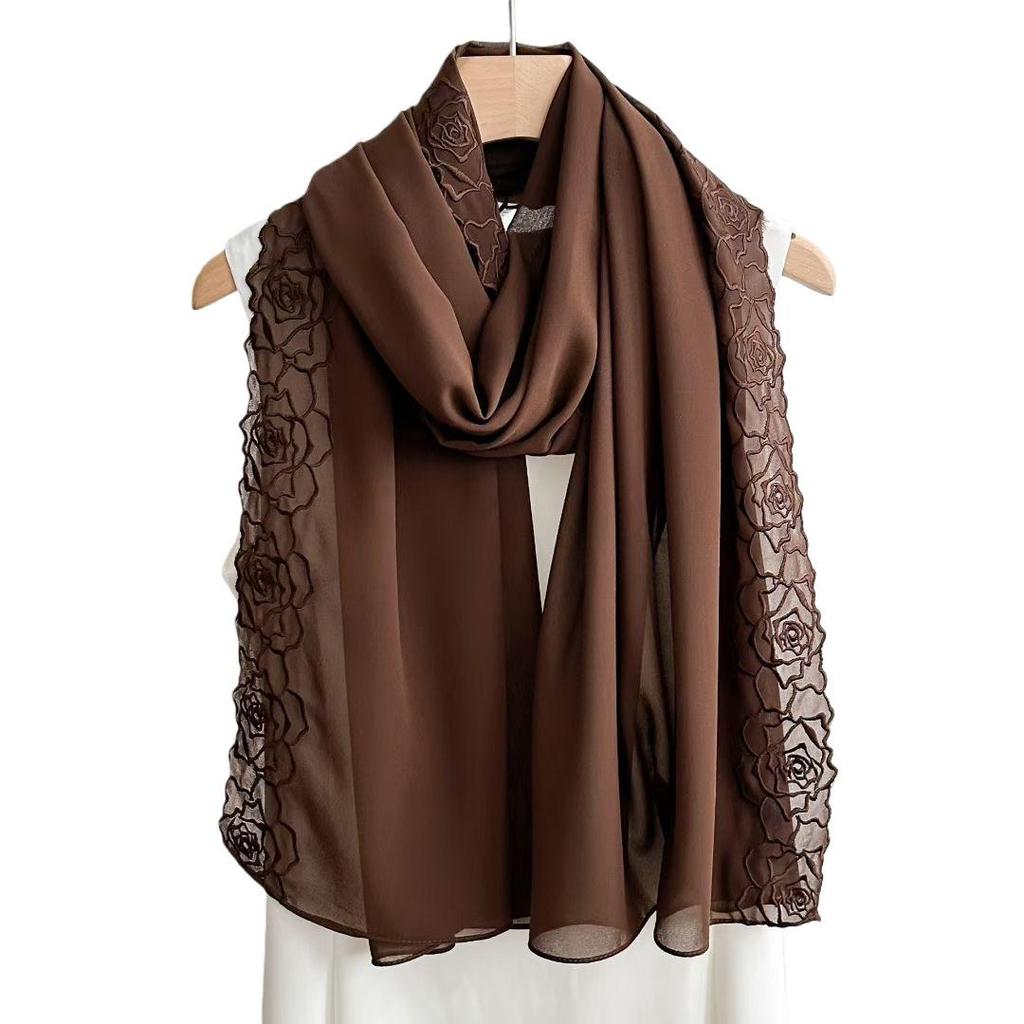 Sciarpa da Donna in Chiffon Monocolore con Grande Ricamo Floreale – Versatile Sciarpa di Seta & Protezione Solare