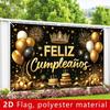 2D Spanish Happy Birthday Backdrop, Black Gold Balloon & Crown Banner, Fiesta Party Decor