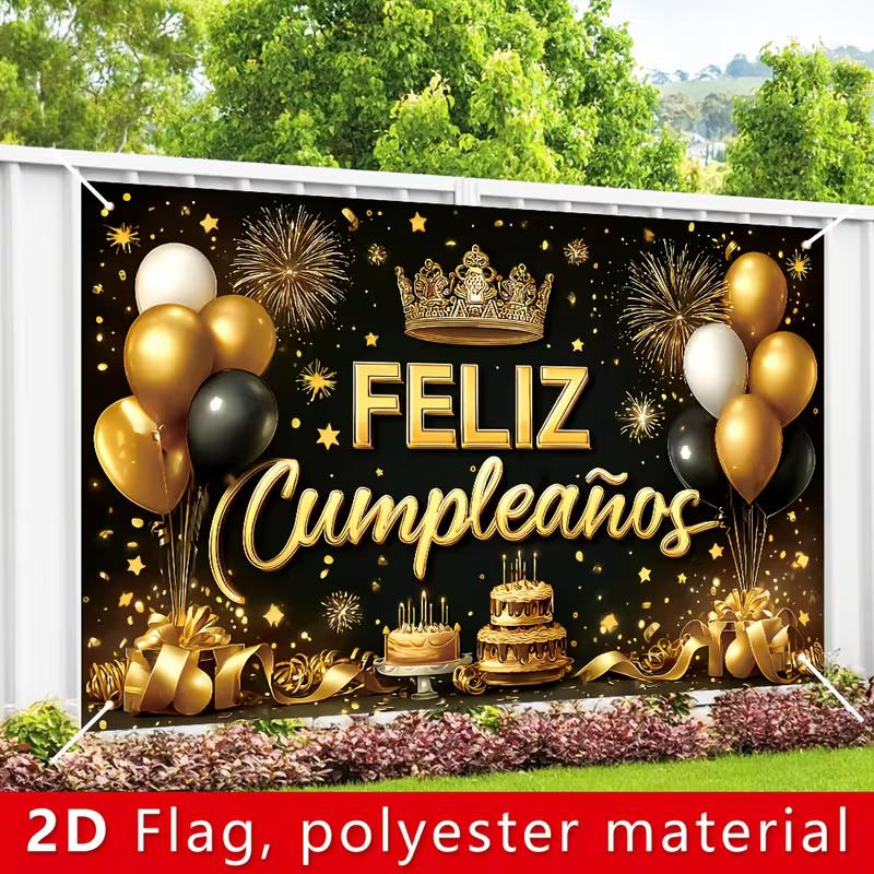 2D Spanish Happy Birthday Backdrop, Black Gold Balloon & Crown Banner, Fiesta Party Decor