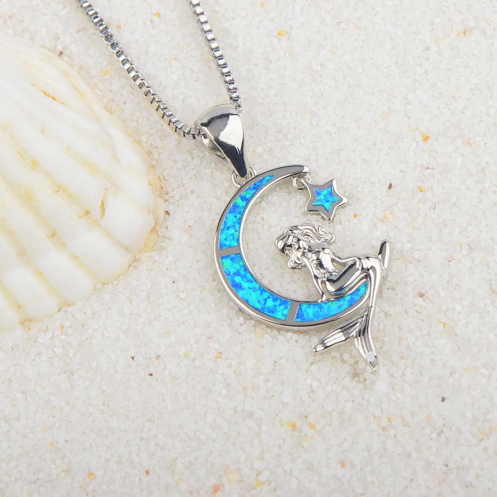 Elegant Blue Opal Mermaid Necklace with Sweater Chain