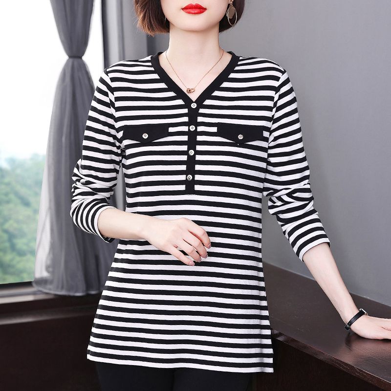 Fashion Simplicity Versatile Commute Button Montage Stripev Neck Large Size Loose Black White Ladies' Base Shirt Autumn 2024