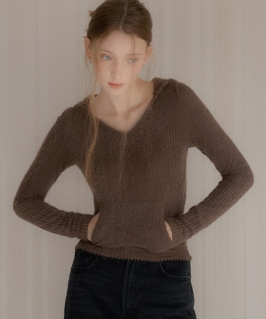 Fluffy V-Neck Slim Fit Hoodie (Brown)
