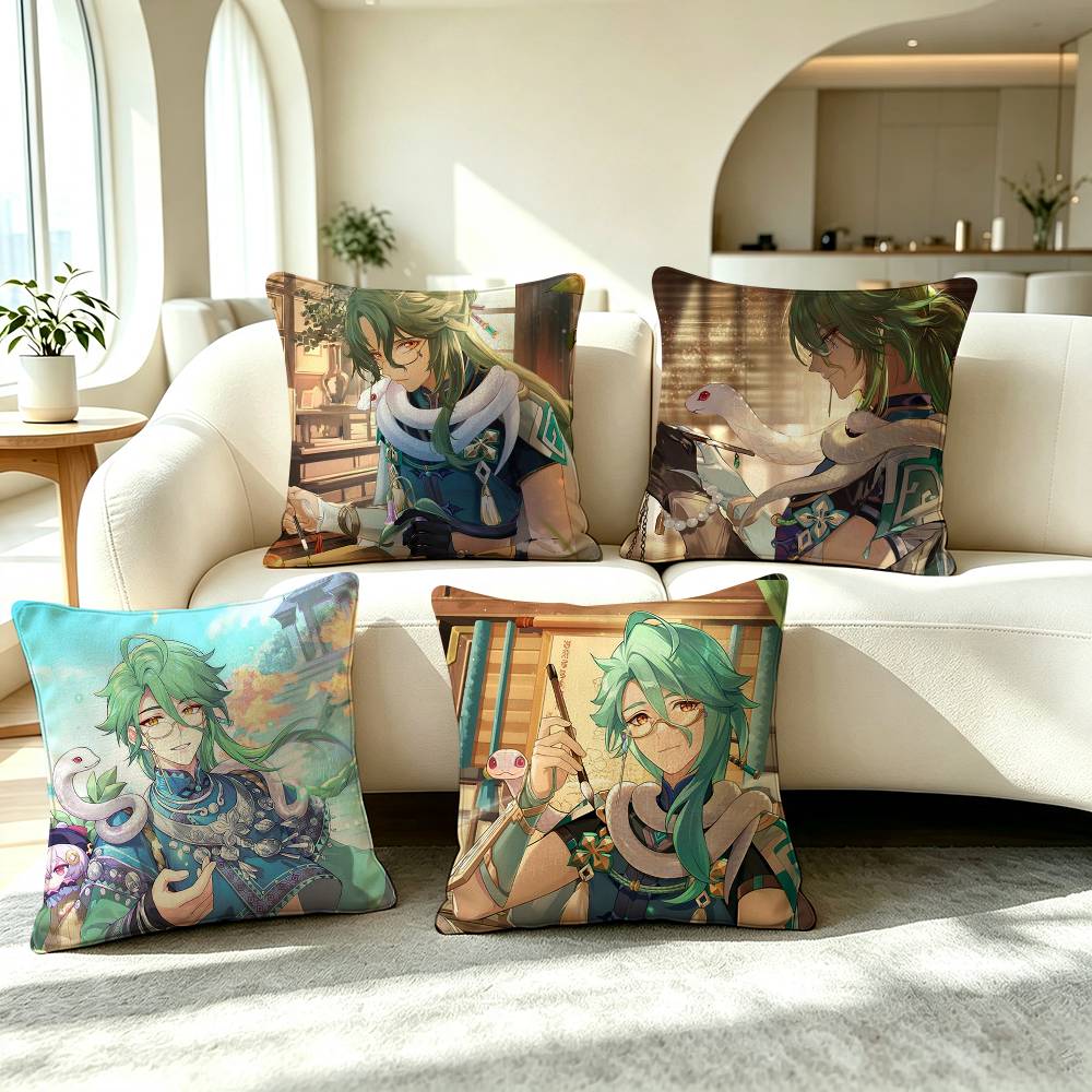 G-Genshin Impact Game B-Baizhu Square Double-Sided printed Pillow Case Bedroom Bedside Pillow Sofa Cushion Cover