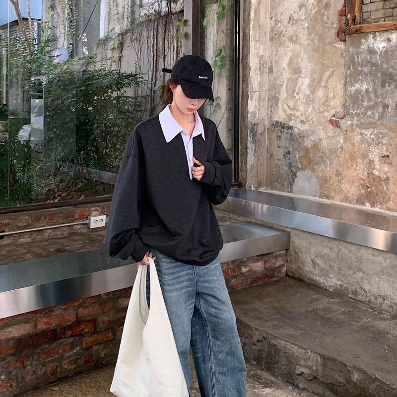 ICH MODE Women s Polo Collar Fake Two-Piece Sweatshirt M