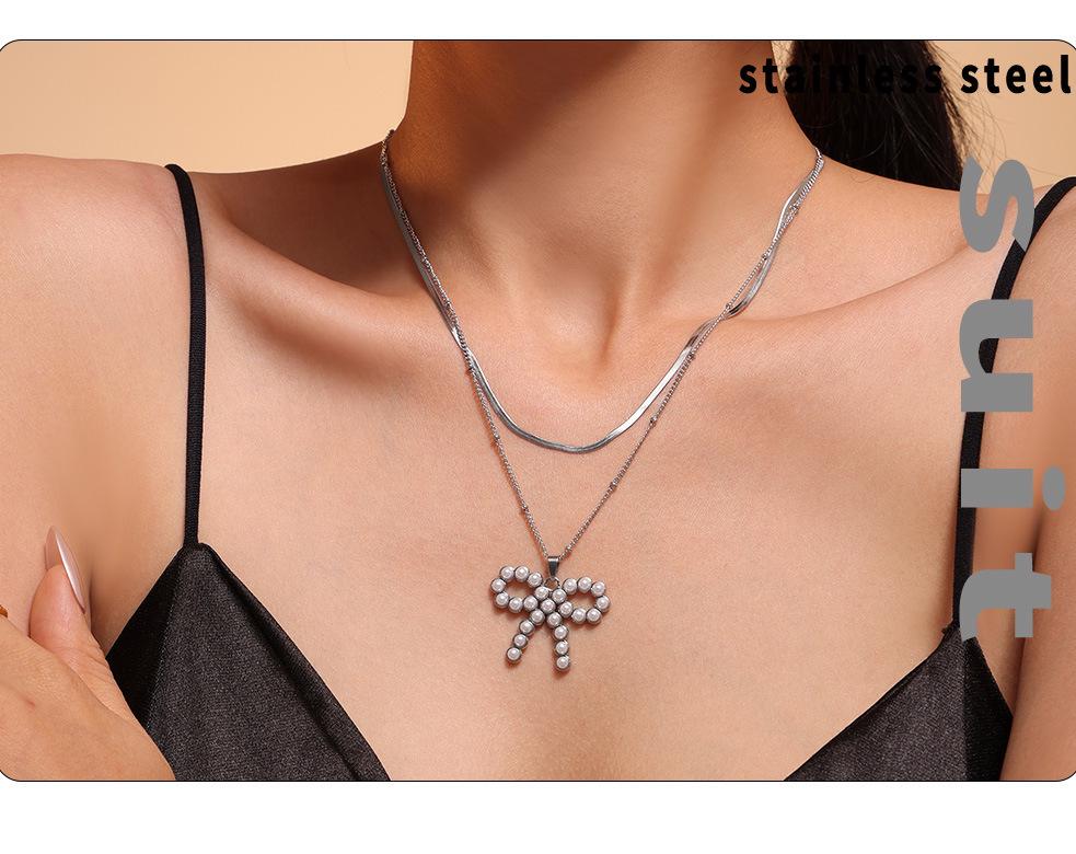 Qiong Yao Pearl Zirconia Bow Tie Necklace: Gold-Plated, Fade-Resistant Titanium Steel Sweet Jewelry
