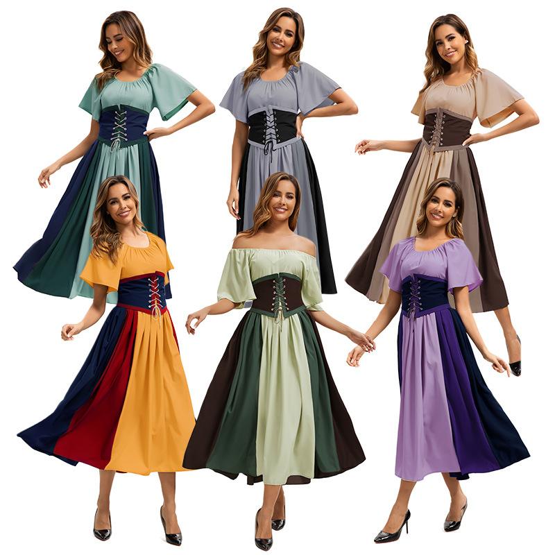 European and American New Products Medieval Retro Contrasting Color Splicing Lace-up Waist Swing Skirt Masquerade Ball Dress Dress Dress