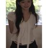 White Puff-sleeved Short-sleeved Shirt for Small Women, Summer and Korean Style Chic Ribbon Waist Short Top