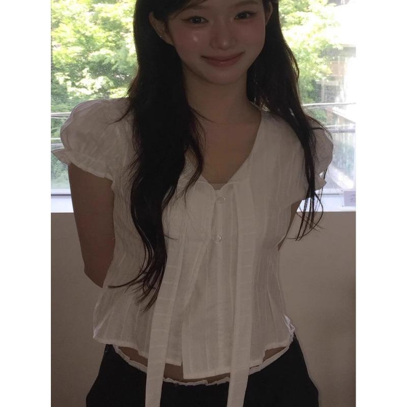 White Puff-sleeved Short-sleeved Shirt for Small Women, Summer and Korean Style Chic Ribbon Waist Short Top