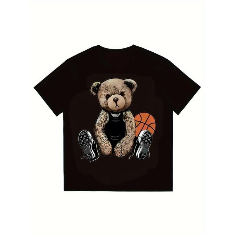 

Парна чорна футболка для нього та для неї з ведмедиком, баскетбольними кросівками, графічним принтом. Повсякденний вуличний одяг. Модний чоловічий топ XXXXL