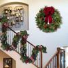 Pre-Lit Artificial Christmas Wreath,  Artificial Christmas Garland For Front Door With Red Bow, Cones, Red Berries,  LED Lights For Christmas Deco