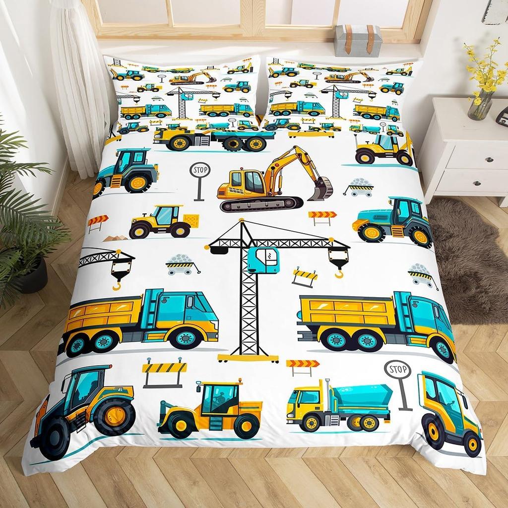 Truck Excavator Soft Duvet Cover Set Quen Sized Dimensions for Children Kids Nursery Carton Tractor Enginering Vehicle Construction Theme Beding Set