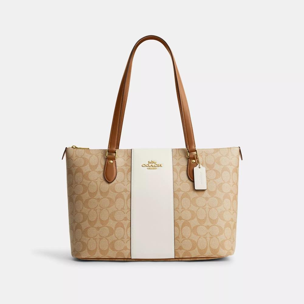 Сумка-тоут Coach Gallery из канвы Signature с полосками светло-хаки, мелом, с седлом