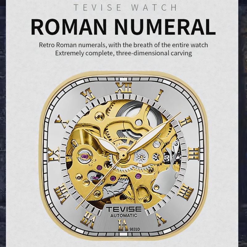 TEVISE Luminous Square Hollow Dial Men's Stainless Steel Waterproof Automatic Mechanical Watch Fashion Business Skeleton Watches