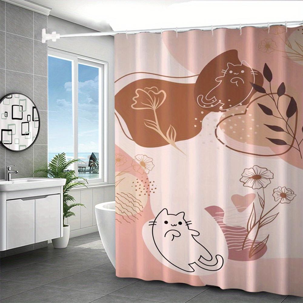 1pc Cute Cat and Floral Print Polyester Shower Curtain with Hooks - Pastel Pink Design, No-Drill Installation for Bathroom Decor
