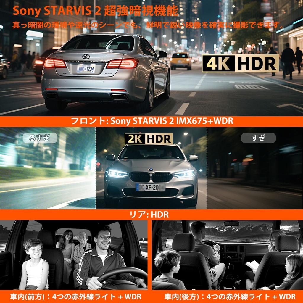 Roykaw Dash Cam with Front and Rear Compact Dash Sony IMX675 Wide WDR Night Parking 128GB Card Overwrite Continuous Motion Detection 4-Camera Cameras,