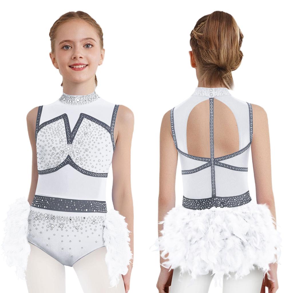 Girls Jazz Latin Dance Costume Shiny Rhinestones Color Block Leotard with Feather Skirt Sleeveless Cutout Back