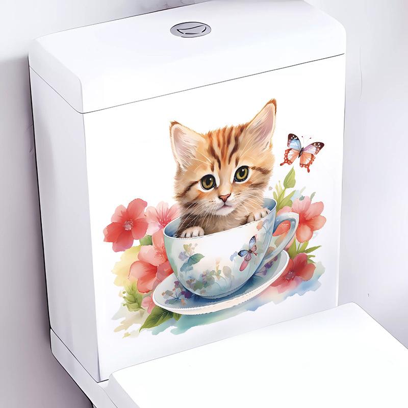 Cute Cat Wall Stickers Waterproof Vinyl Decals Tea Cup Design Pet Store Decor Bathroom Kitchen Removable Peel Stick Home Decor