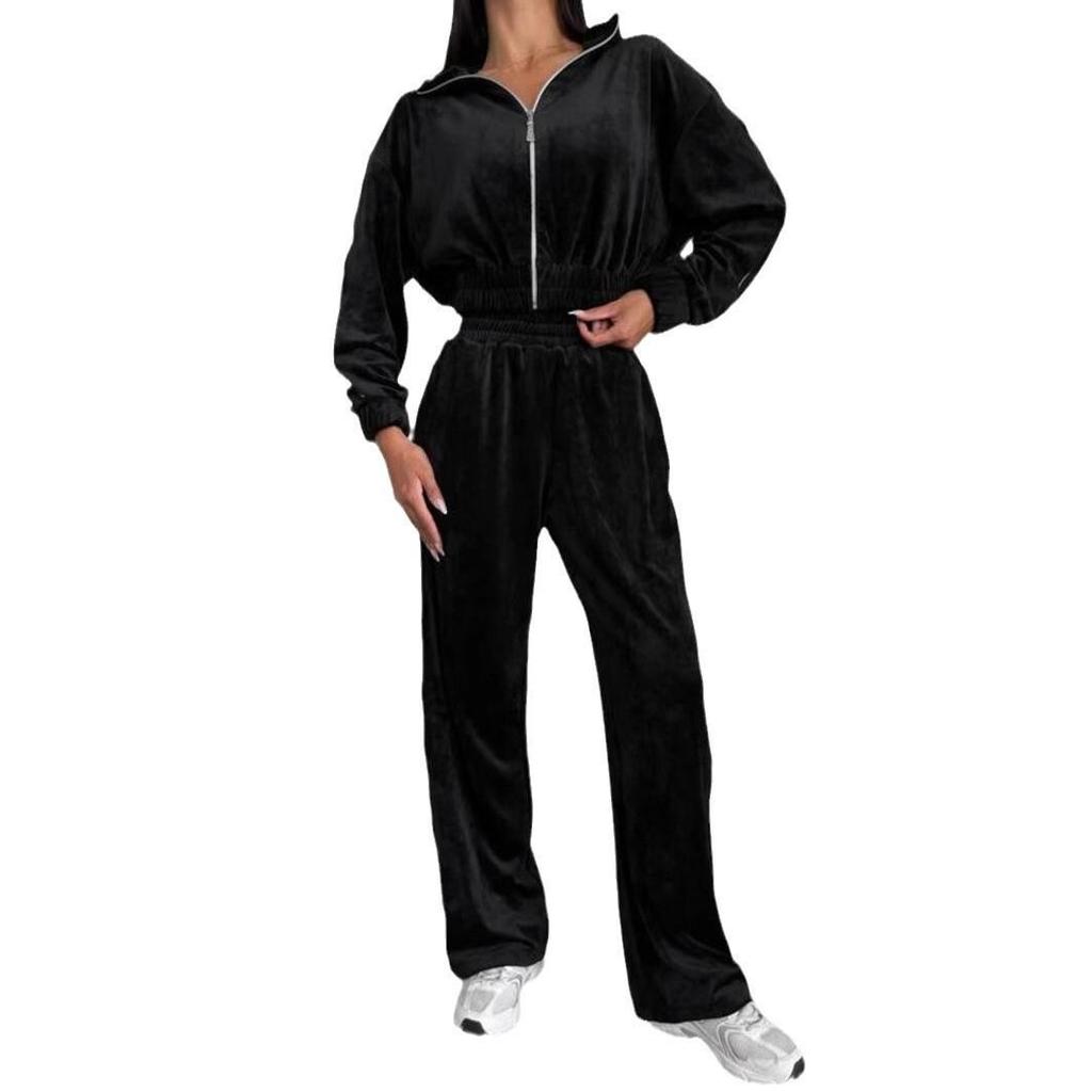 Hochwertiges Sport-Freizeit-Set für Damen (Europäisch & Amerikanisch) mit Reißverschluss-Oberteil und gerader Hose