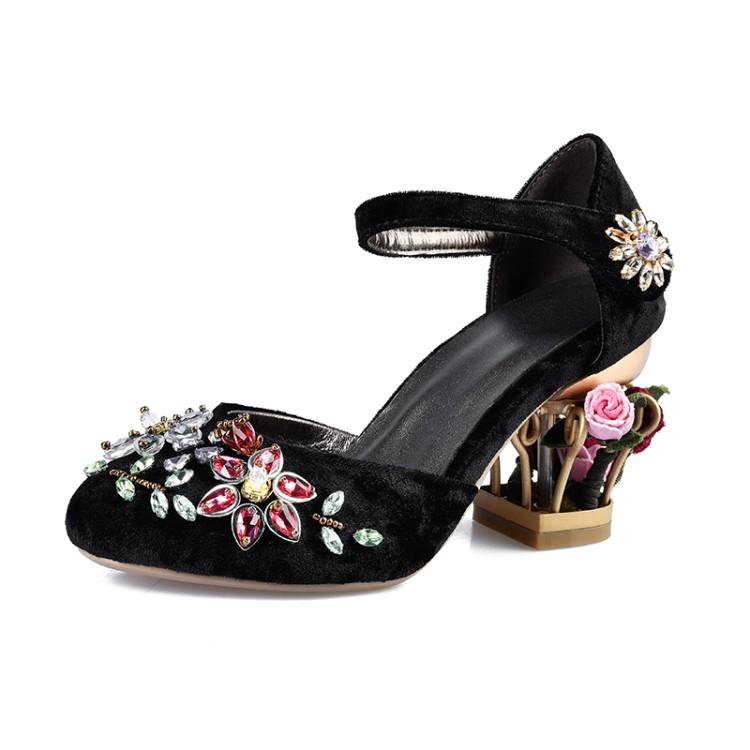 

Мода Летняя Мода Цветок Плюшевая Обувь Женские Туфли Роскошные Вырезы Клетка Птицы Высокий Каблук Кристалл Женский Женский Сандалии Большой Размер 34-43 34 чёрный