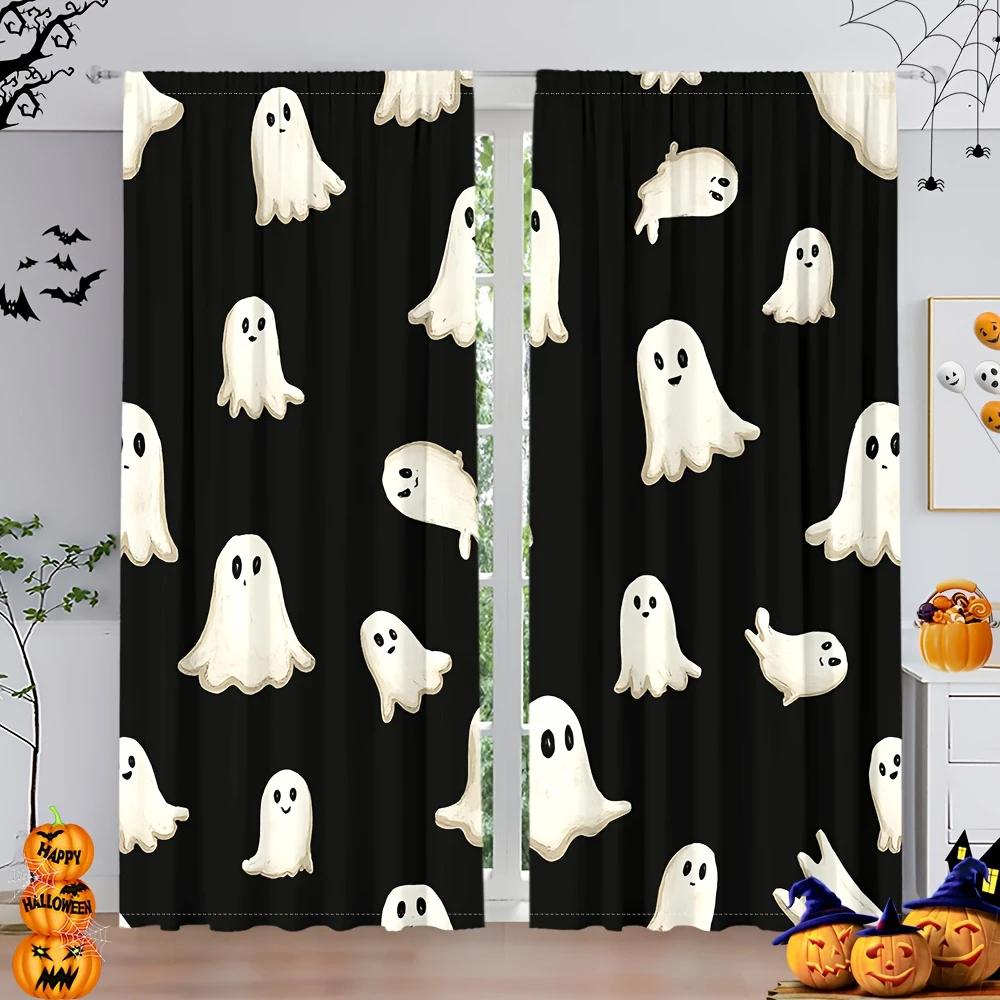 2 Stück - Halloween Gothic-Stil Bedruckte Vorhänge, Stangentaschenvorhänge, Heimdekorationen, Raumdekorationen