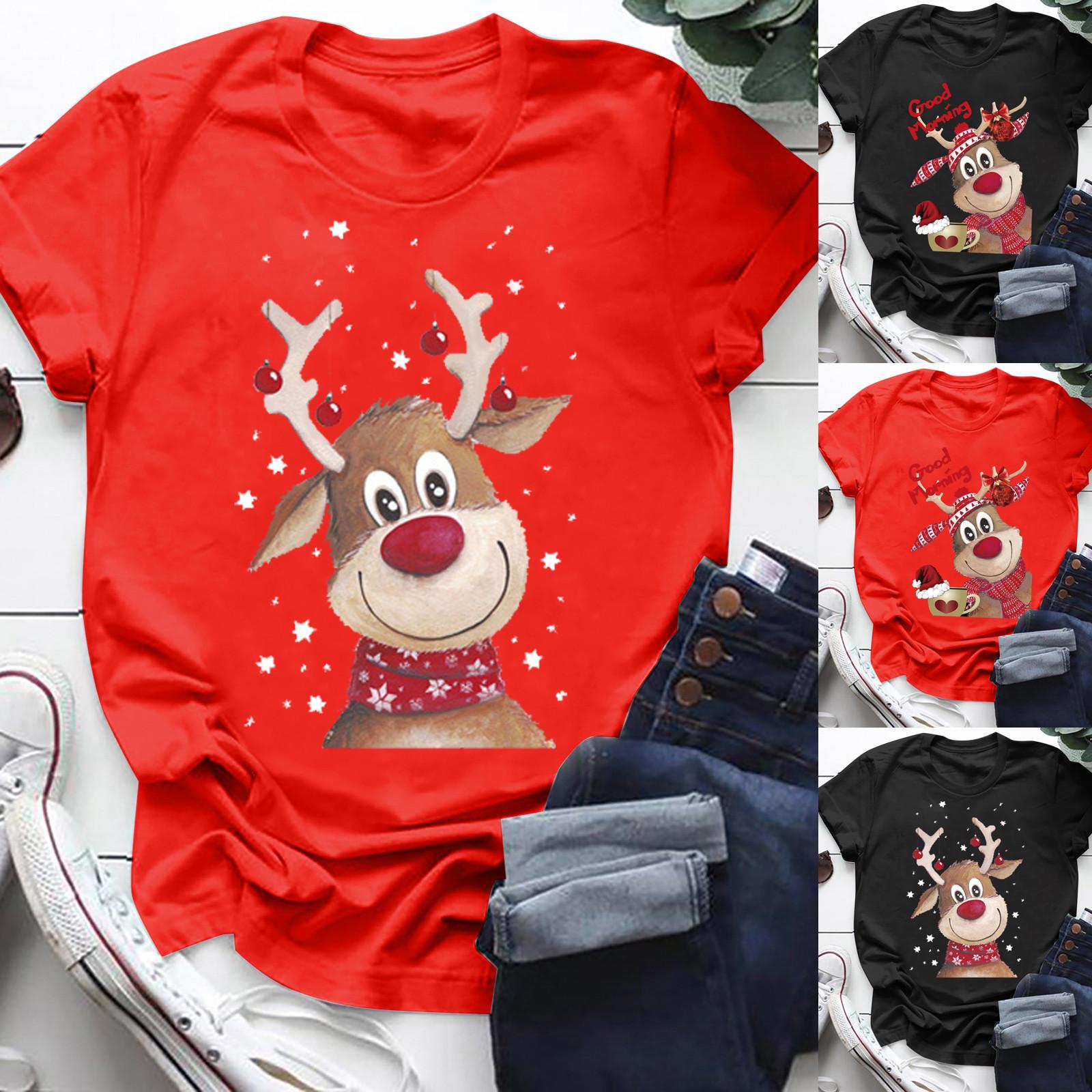 

Женская мода, повседневная футболка с короткими рукавами и рождественским принтом, топ с надписью «Доброе утро» L красный