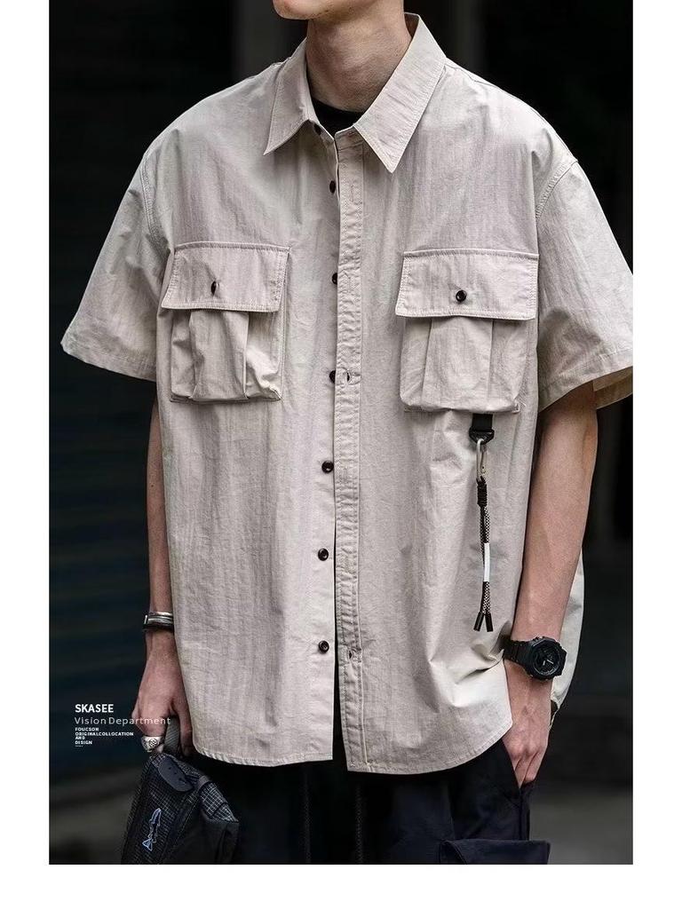 Men's Japanese Style Solid Color Short-Sleeve Workwear Shirt with Large Pocket