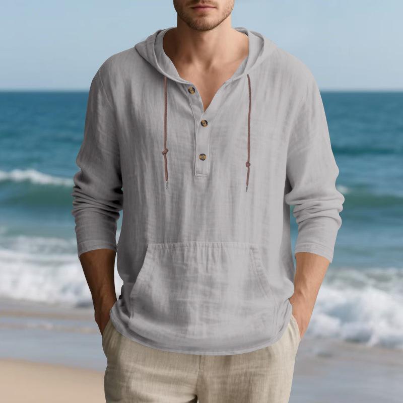 Men's Autumn Sports Casual Long-Sleeved Shirt Cotton-Linen Blend Hooded Pullover Sweatshirt Versatile Loose-Fit Beach T-Shirt