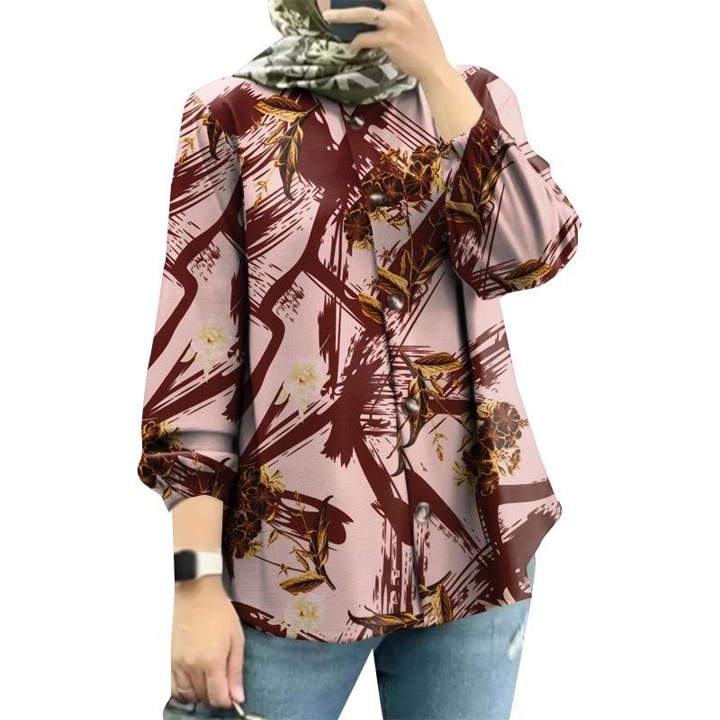 

Женская рубашка больших размеров с цветочным принтом и рукавами-фонариками 5XL бордовый