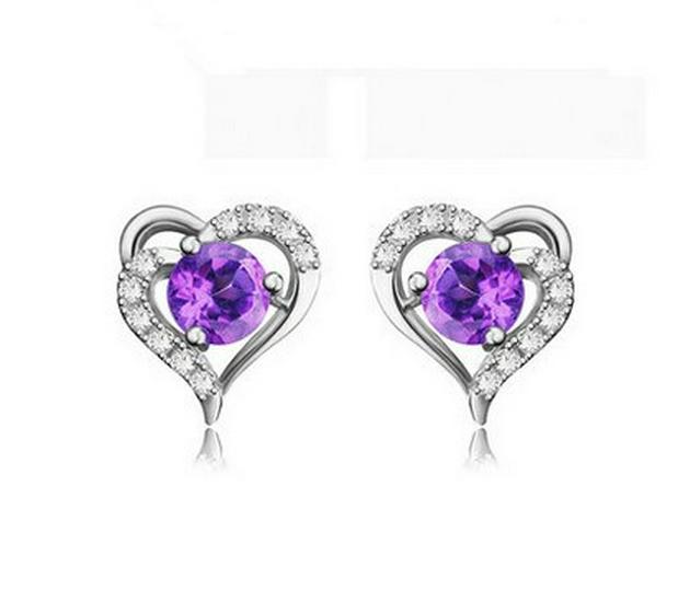 Zhenrong Silver-Plated Heart-Shaped Amethyst Imitation Stud Earrings for Women – Anti-Allergy Korean Style Jewelry