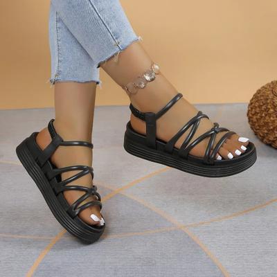 Modische Plateausandalen für Damen, Sommerschuhe für Damen, Trend 2024, offene Zehenpartie, Knöchelriemen, Strandschuhe, flache Sandalen mit Absatz