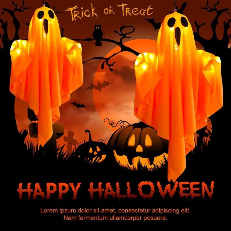 2/1pcs Halloween LED Glowing Ghost Hanging Lights, Horror Haunted House Props, Waterproof Indoor Outdoor Ornaments, Bar Home Party Decoration Supplies