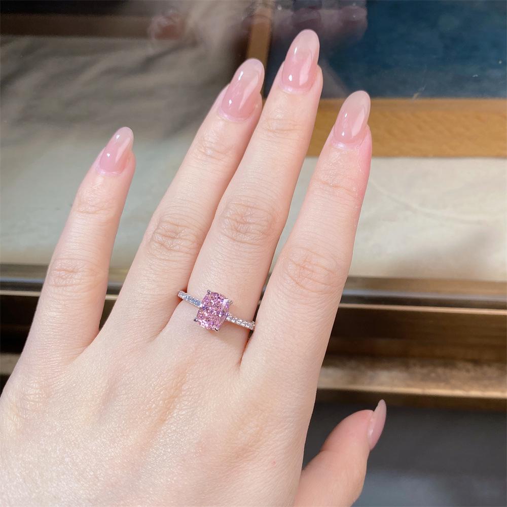 S925 Sterling Silver Pink Radiant Cut Flower Ring for Women - Cute, Sweet, INS Style.