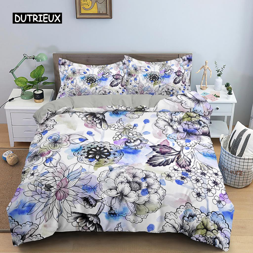 Vintage Blume König Königin Bettbezug, Pfingstrose Sonnenblume Bettwäsche-Set, Tropischer Blumen Steppdeckenbezug Boho Bettdeckenbezug