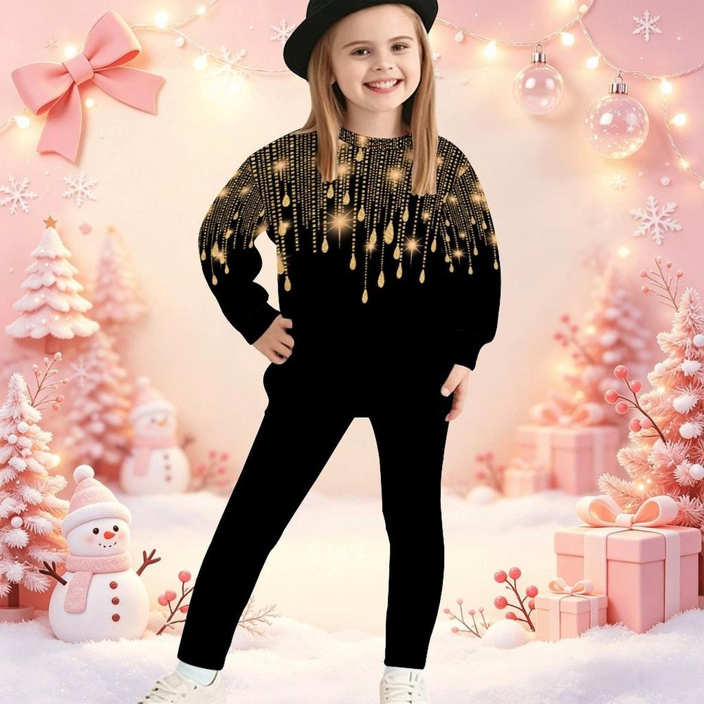 Girls' Xmas Tree Casual Comfortable Soft Loose Pullover Sweatshirt and Leggings 2-Piece Set, New Autumn/Winter, Playful, Sweet and Cool Style