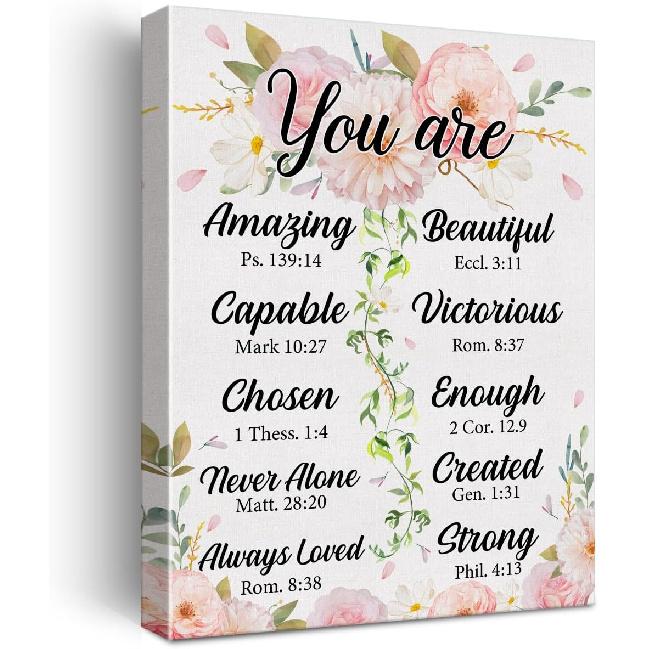 Christian Gift for Women Her Pirational Bible Verse Wall Art Canvas Painting Print Framed You Are Amazing Scriptures Canvas Floral Poster Sign for