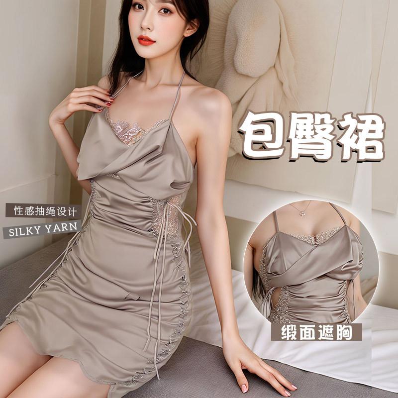 Night puff romantic lingerie, sexy no-take bed teasing date dress, halter lace milk cap, hip-hugging satin nightgown