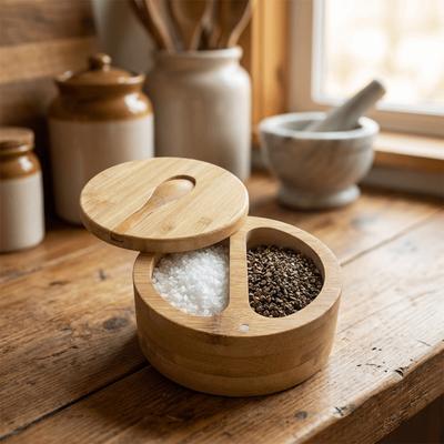 Multifunctional Bamboo Condiment Container 3-Compartment Natural Material Wood Spice Box Round Swivel Lid Seasoning Tank