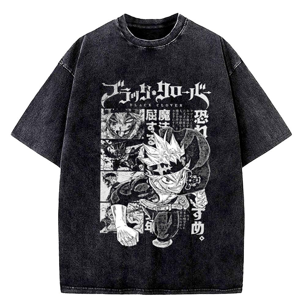 High Quality Yami Sukehiro Black Clover Manga 100% Cotton T-shirt for Men Short Sleeve Vintage Washed Clothing Male T Shirt