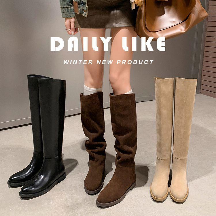 Chaos Shows Temperament~ Loose Straight Thick Leg Boots Leather Knight Boots Plain Oblique Mouth High Tube Flat Bottom Stacking Boots