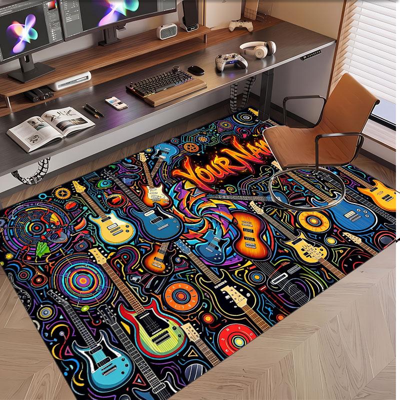 Music Guitar Theme Soft Crystal Velvet Rug Custom Name & Text Print Non Slip Floor Rug for Bedroom Living Room