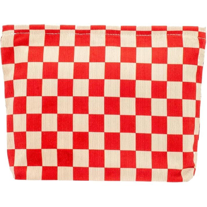 Travel Checkered Makeup Bag, Corduroy Cosmetic Bag for Purse, Small Cosmetic Zipper Pouch Cute Travel Checkered Makeup Bag Gift for Women,Girls (deep красный
