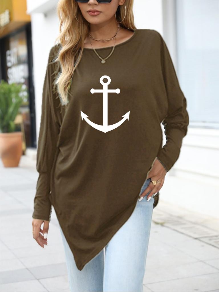 Women's Oversize Long-Sleeve Fashion Printed Logn Sleeve Top Spring/Fall Asymmetrical Hem T-Shirt