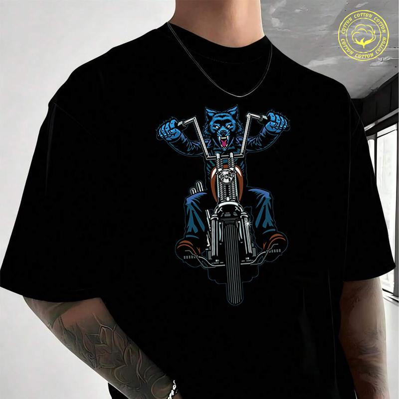 Wolf Mascot Biker Riding Vintage Chopper Men's Cotton T-Shirt Moto Casual O-neck Short Sleeve S