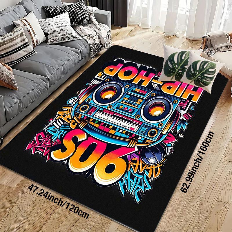 

Flannel Printed 90s Hip Hop Rug Retro Music Theme Living Room Carpet Soft Fleece Floor Mat Kids Room Decor Party Style Rugs 60x90cm