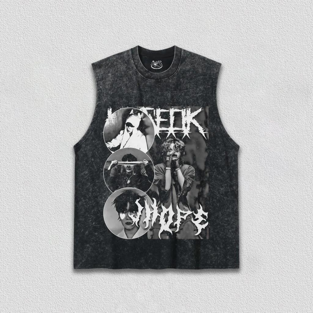 Tour Graphic Washed Vest Neck Short Sleeve Trendy Fan Casual 100% Cotton Clothing Y2K  Loose Shirt