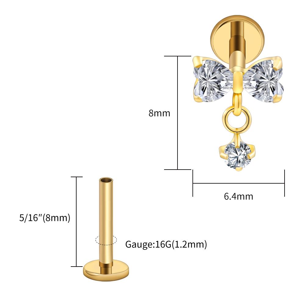 Right Grand ASTM F136 Titanium Bow Dangle CZ Piercing Labret Stud 16G Flat Back Helix Tragus Cartilage Earring Bridal Jewelry