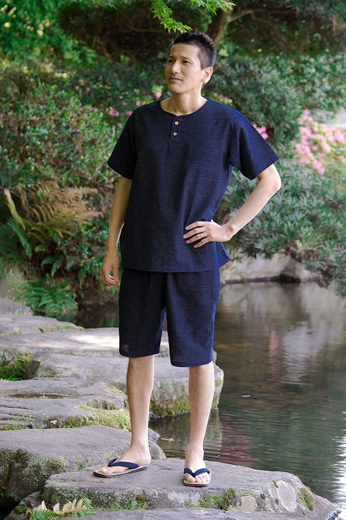 Watanosato Made In Japan Kurume Chijimi Woven Home Wear Jinbei Samue Literary Navy (Watano Sato) (M, Pattern, Blue)