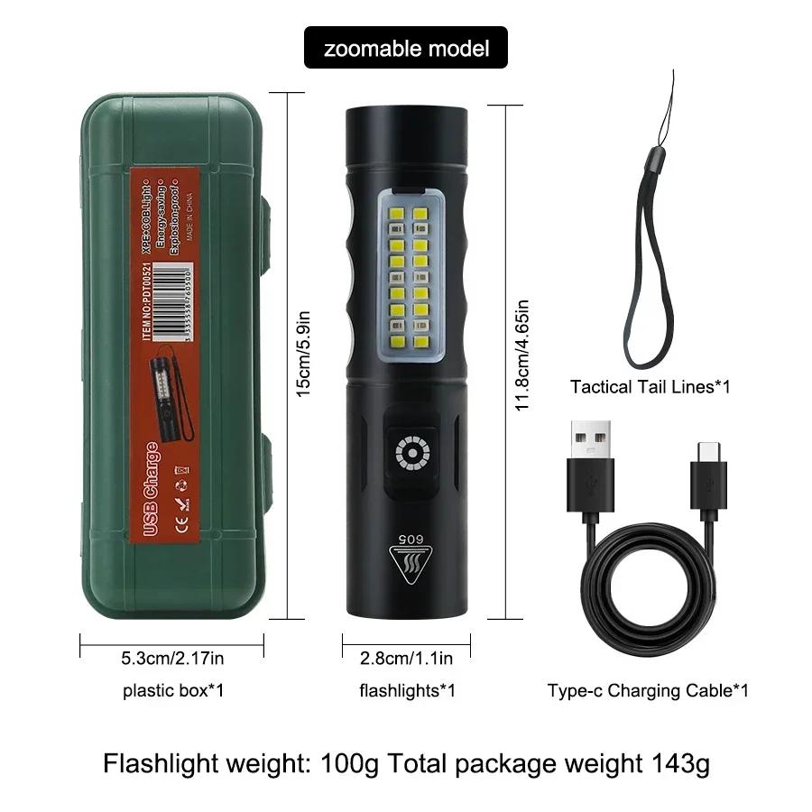 Powerful Portable LED Flashlights USB Rechargeable Flashlight with 6 Modes Red and White Lights Outdoor Camping Emergency Torch